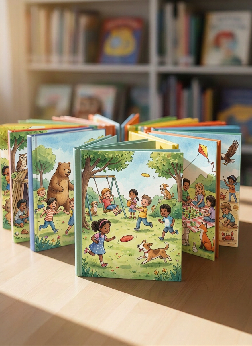 children's books A neatly stacked pile of colorful children’s books arranged in a gentle arc on a light maple wood table, each hardcover featuring whimsical illustrated animals and soft, rounded typography for ages 3–10. The background shows blurred shelves filled with more picture books and story collections, creating a cozy mini-library feel. Soft morning sunlight filters through an unseen window from the left, casting warm, gentle highlights on the glossy covers and faint shadows along the table’s grain. Photographed at eye level with a shallow depth of field, the focus is on the front book’s charming cover while the rest melt into a creamy bokeh. The atmosphere is inviting, professional, and quietly magical, with clean photographic realism and vivid but not overwhelming colors.